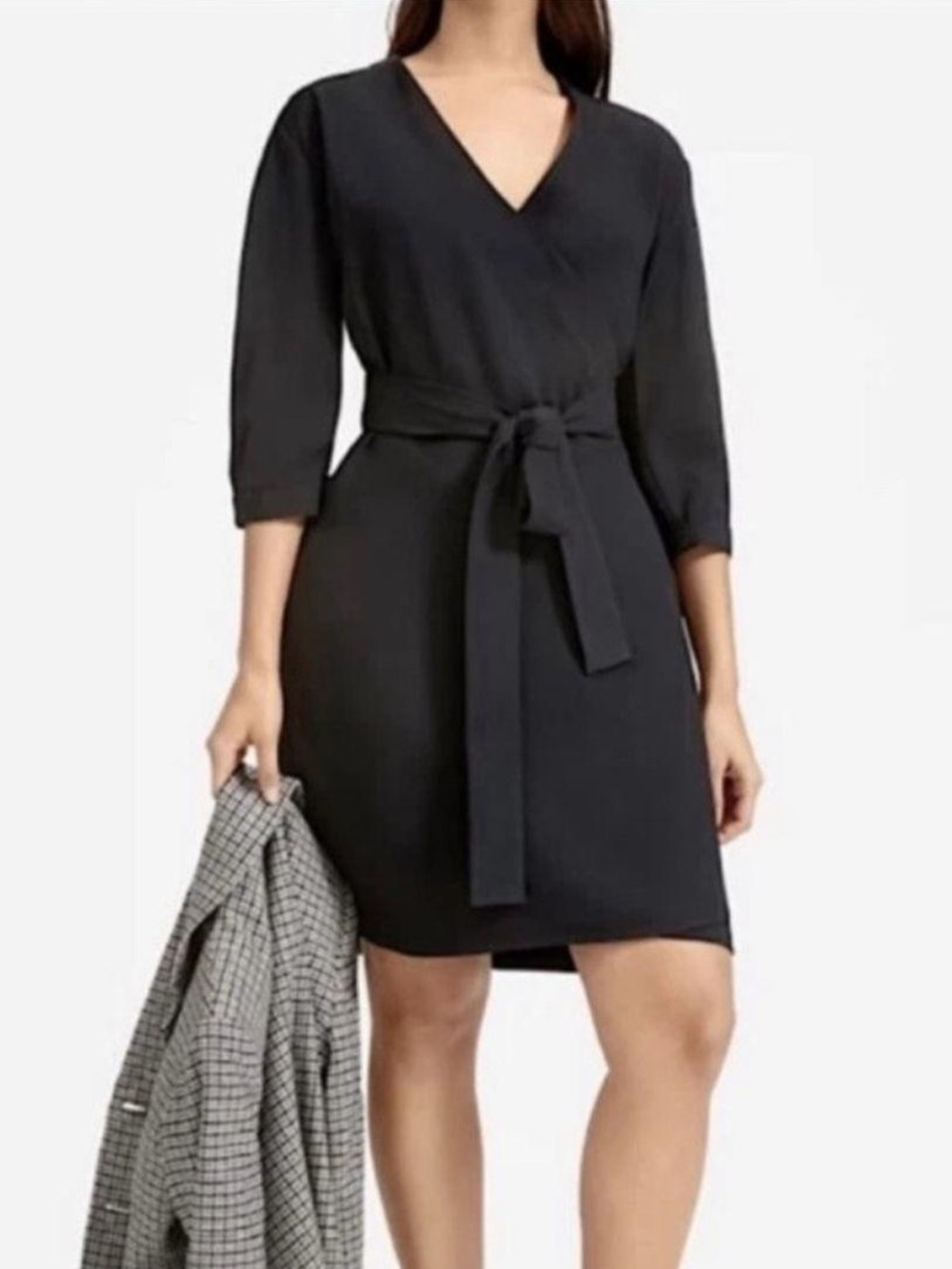 Everlane Japanese GoWeave black classic mid length wrap dress